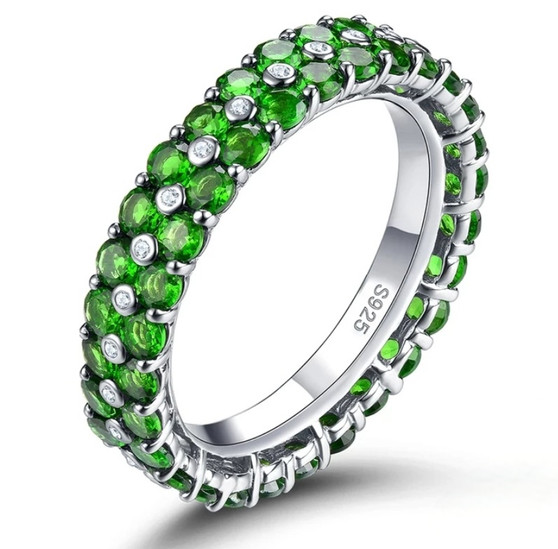 chrome diopside and white zircon eternity band ring in rhodium over sterling silver