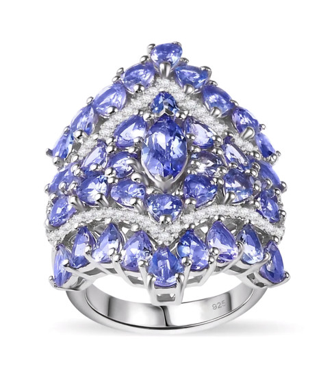 tanzanite and white zircon cluster ring in rhodium over sterling silver