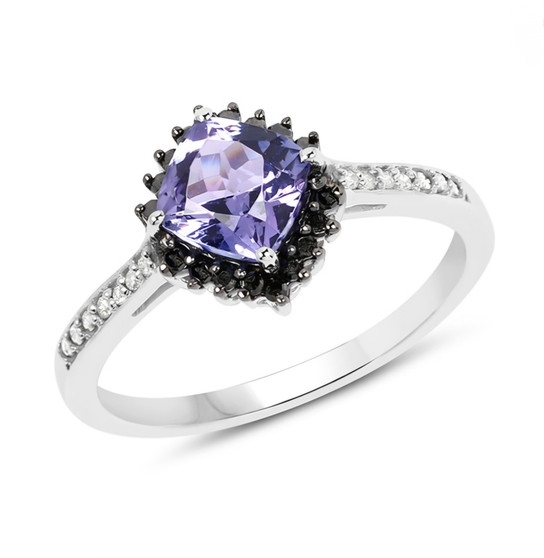 tanzanite black and white diamond halo ring in solid 10k white gold