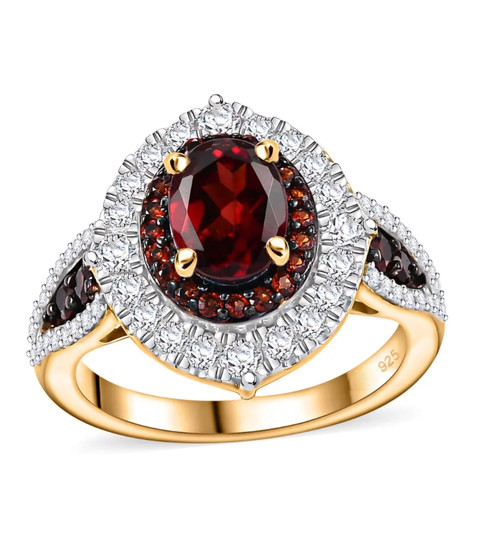 garnet and white zircon halo ring in 18k yellow gold over sterling silver