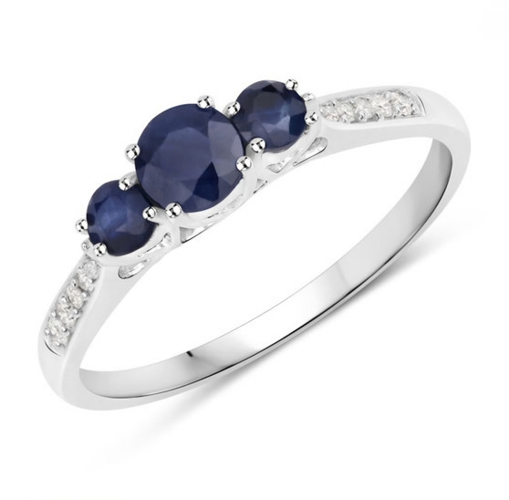 blue sapphire and diamond trilogy ring in solid 14k white gold