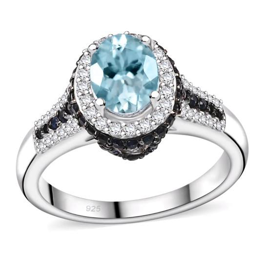 aquamarine blue sapphire and zircon ring in rhodium over sterling silver