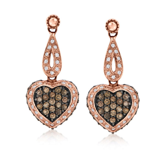 brown and white diamond heart earrings in 14k rose gold