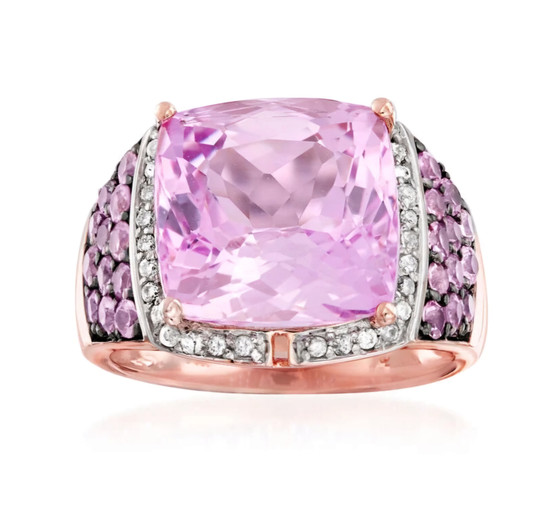 kunzite pink sapphire and diamond ring in 14k rose gold
