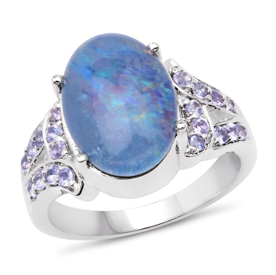australian opal triplet and tanzanite ring in rhodium over sterling silver