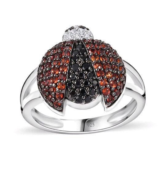 garnet black spinel and white zircon ladybug ring in rhodium over sterling silver