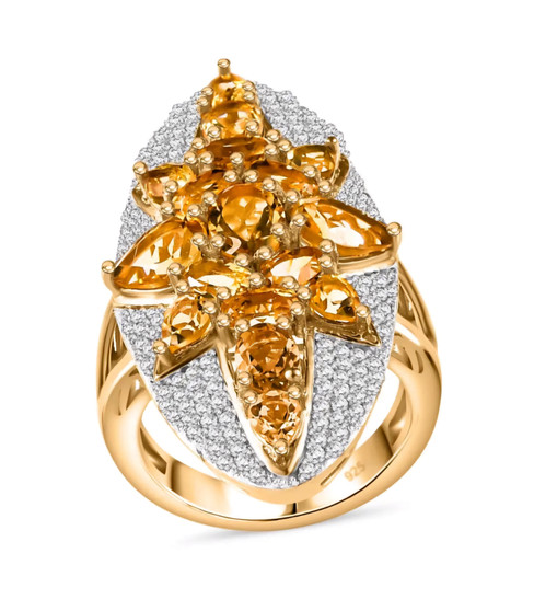 front view of citrine and white zircon cluster ring in 18k yellow gold over sterling silver