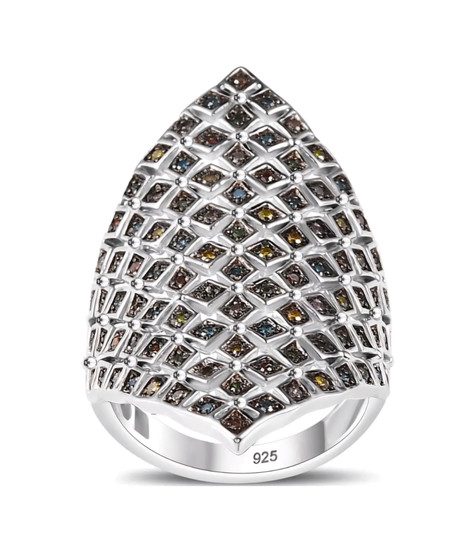 multi color diamond cluster ring in rhodium over sterling silver