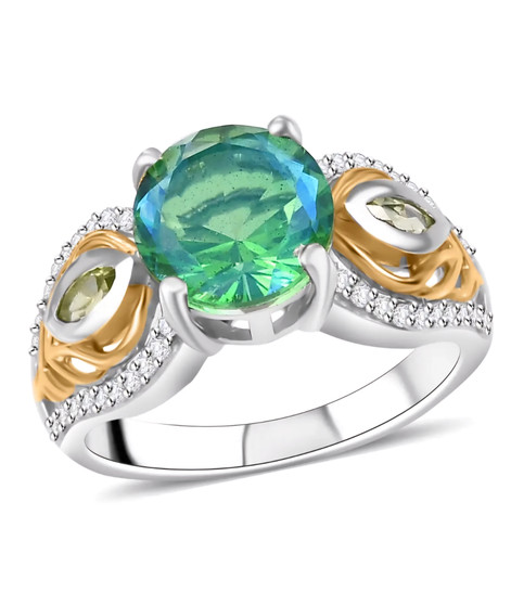blue and green quartz triplet peridot and zircon ring in 18k yellow gold and rhodium over sterling silver