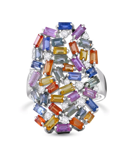 multi color sapphire and moissanite cluster ring in rhodium over sterling silver