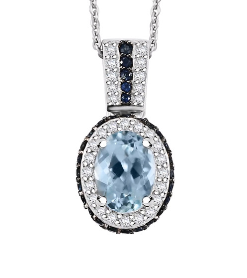 aquamarine blue sapphire and white zircon pendant necklace in rhodium over sterling silver