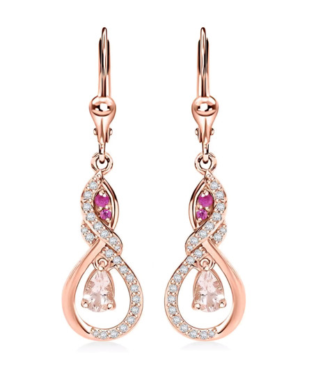 morganite pink sapphire and zircon dangle earrings in 18k rose gold over sterling silver