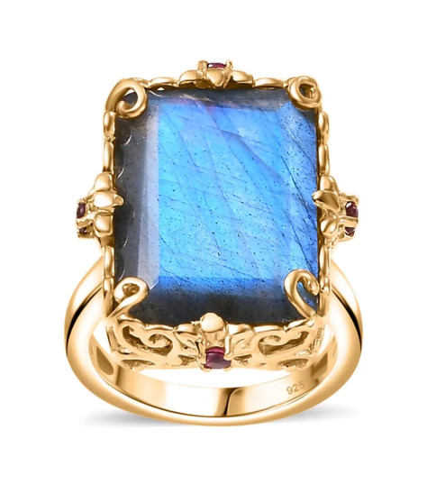 labradorite and rhodolite garnet ring in 18k yellow gold over sterling silver