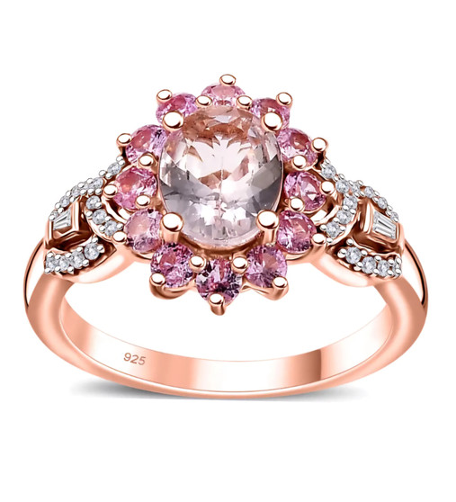 morganite pink sapphire and zircon ring in 18k rose gold over sterling silver