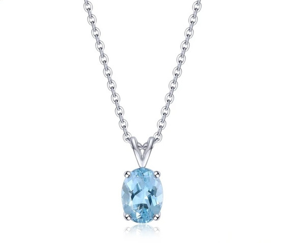 front view of sky blue topaz oval pendant necklace in 14k white gold