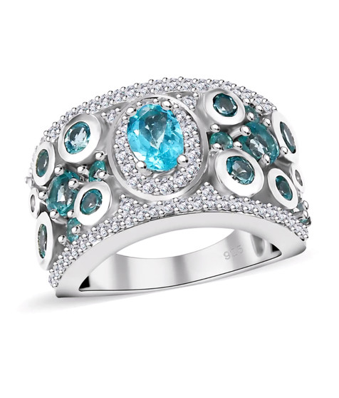blue apatite and moissanite band ring in rhodium over sterling silver