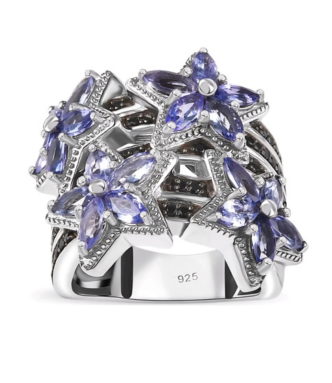 tanzanite and black spinel star ring in rhodium over sterling silver