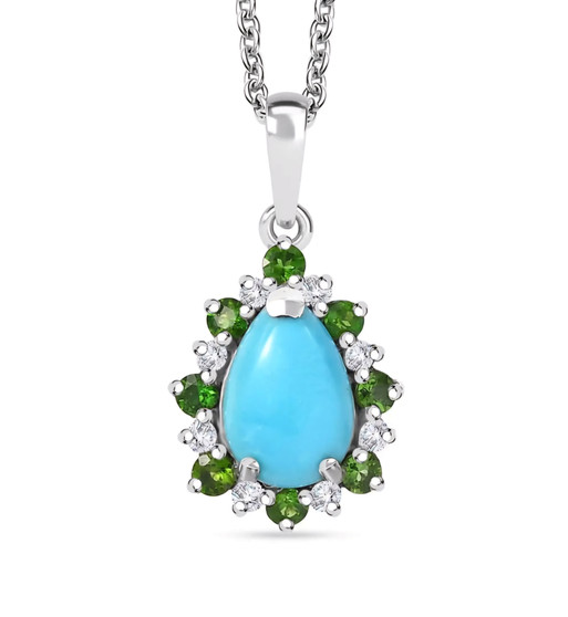 turquoise chrome diopside and zircon halo pendant necklace in rhodium over sterling silver