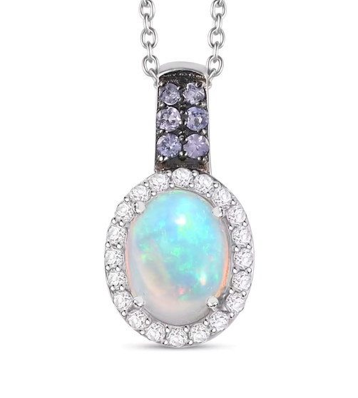 opal tanzanite and zircon halo pendant necklace in rhodium over sterling silver
