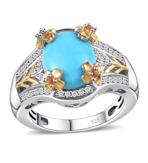 turquoise fire opal and zircon two-tone ring in 18k yellow gold and rhodium over sterling silver
