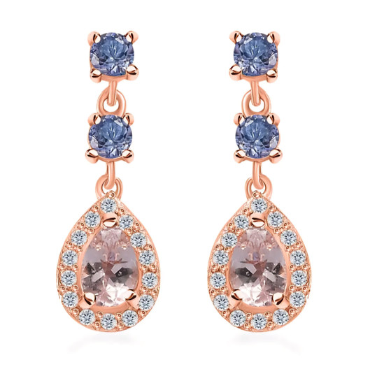 morganite tanzanite and zircon dangle earrings in 18k rose gold over sterling silver