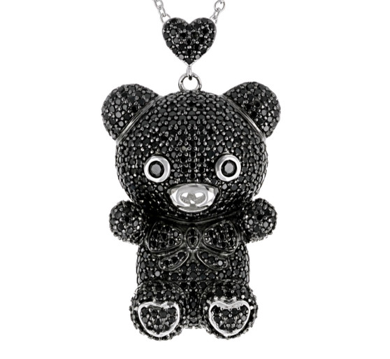black spinel teddy bear pendant necklace in rhodium over sterling silver