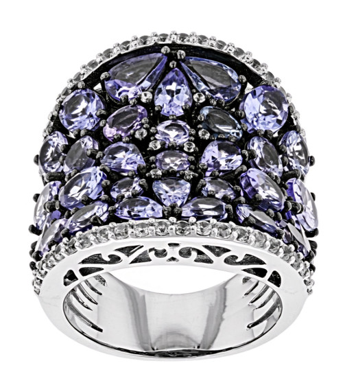 tanzanite cluster and white zircon wide band ring in rhodium over sterling silver front