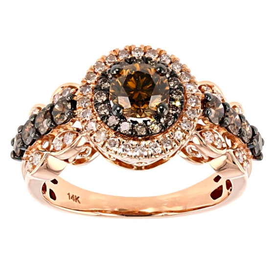 front view of brown and white diamond ring in 14k rose gold