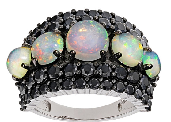 ethiopian opal and black spinel cluster ring in black and white rhodium over sterling silver