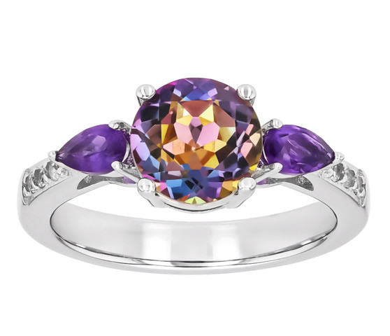 mystic quartz amethyst and zircon ring in rhodium over sterling silver
