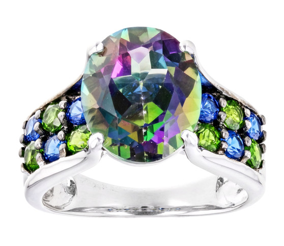 mystic topaz chrome diopside and lab blue spinel bridge ring in rhodium over sterling silver