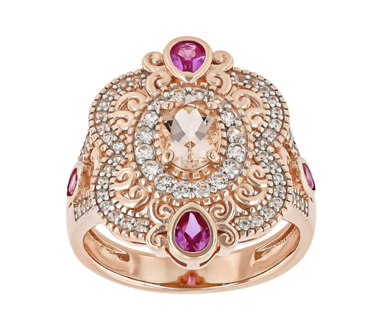 morganite lab pink sapphire and zircon cluster ring in 18k rose gold over sterling silver