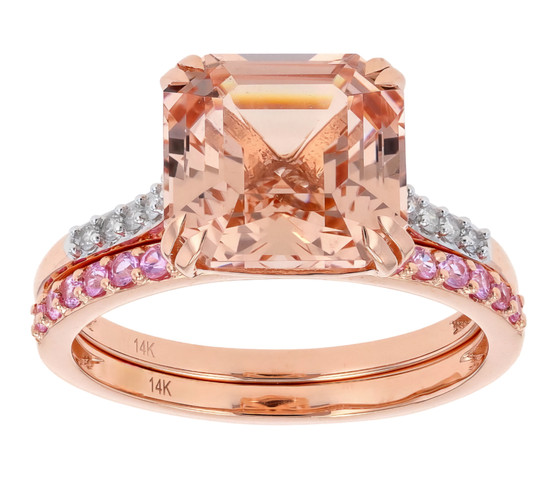 morganite diamond and pink sapphire two ring bridal set in 14k rose gold