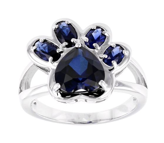 lab blue sapphire paw print ring in rhodium over sterling silver