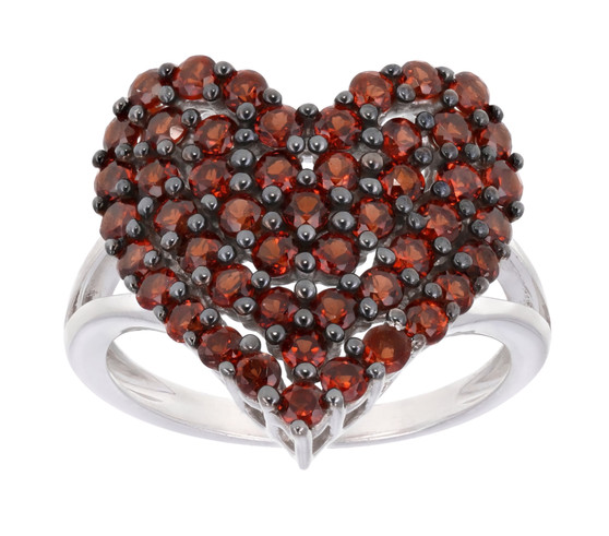 garnet heart cluster ring in black and white rhodium over sterling silver