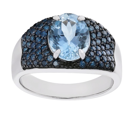 aquamarine blue diamond ring in rhodium over sterling silver front