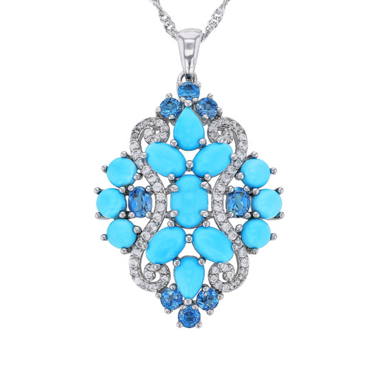 turquoise london blue topaz and zircon pendant necklace in rhodium over sterling silver