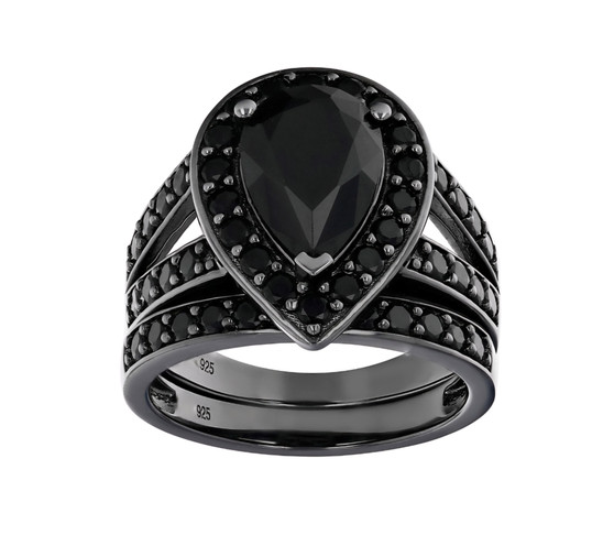 black spinel two ring set in black rhodium over sterling silver