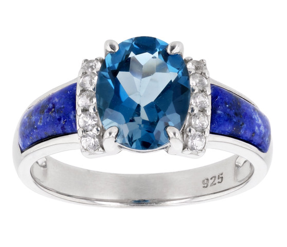 london blue topaz lapis lazuli and white zircon ring in rhodium over sterling silver