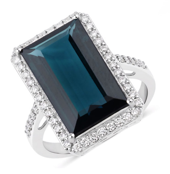 indicolite tourmaline and diamond halo ring in solid 14k white gold