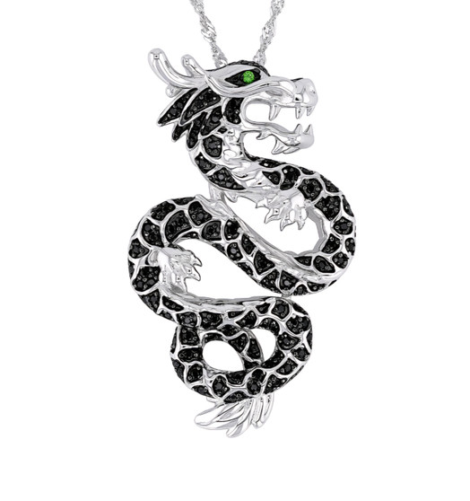 black spinel and chrome diopside dragon pendant necklace in rhodium over sterling silver