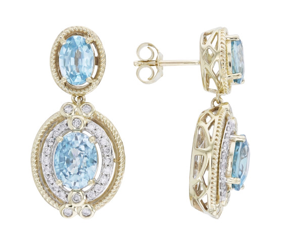 blue zircon and diamond earrings in 14k yellow gold