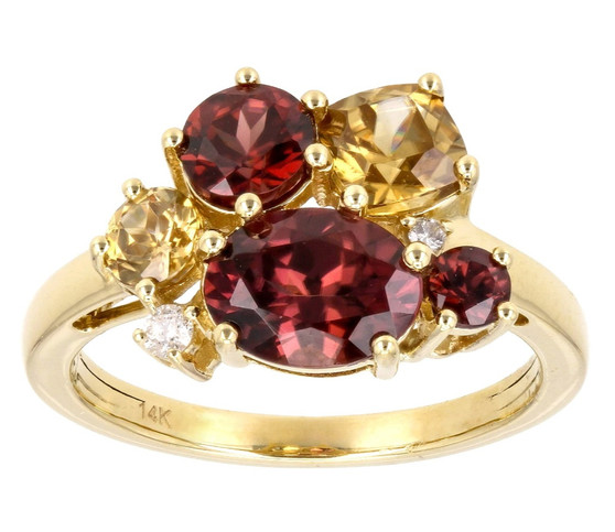 red zircon yellow zircon and diamond cluster ring in 14k yellow gold