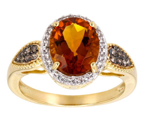 citrine brown diamond and white zircon halo ring in 18k yellow gold over sterling silver front
