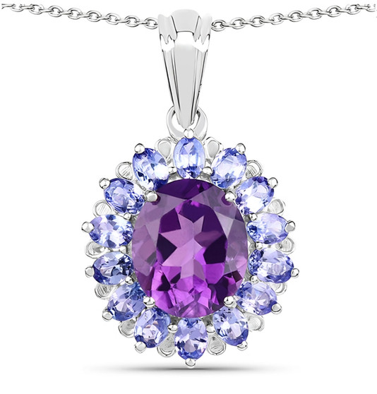 amethyst and tanzanite oval halo pendant necklace in rhodium over sterling silver