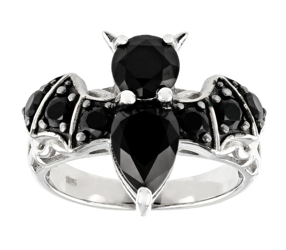 black spinel bat ring in rhodium over sterling silver