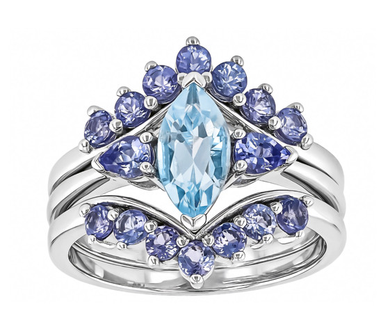 sky blue topaz and tanzanite three ring set in rhodium over sterling silver