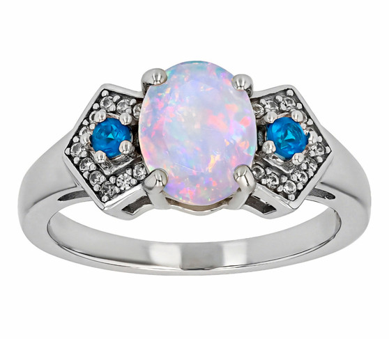 ethiopian opal blue apatite and zircon ring in rhodium over sterling silver
