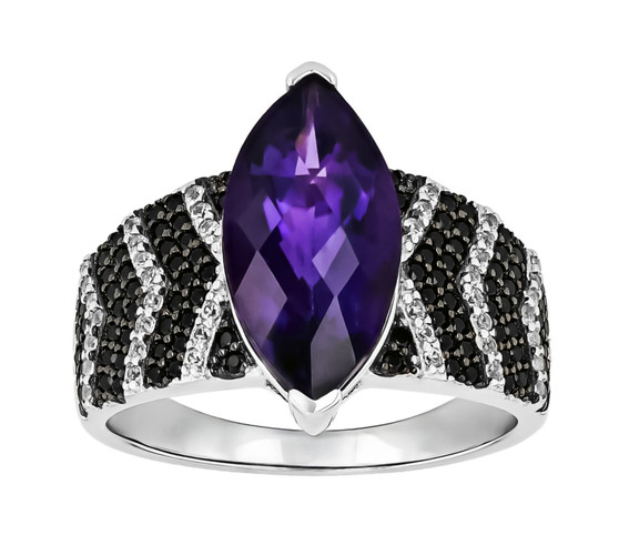 amethyst black spinel and zircon ring in rhodium over sterling silver