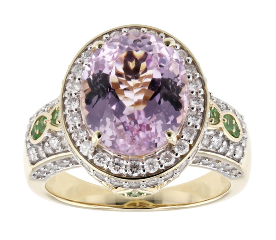 kunzite tsavorite garnet and diamond ring in 14k yellow gold